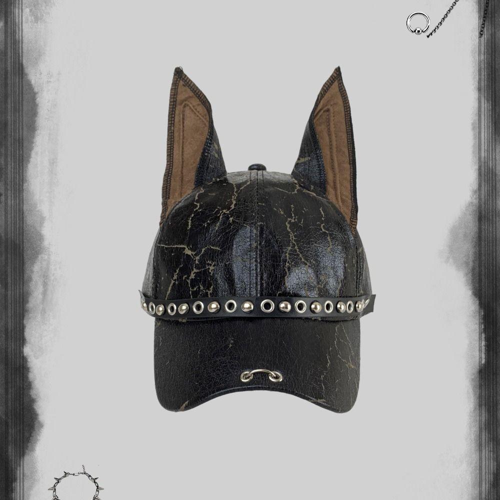 Fashion Punk Doberman Dog Ears Baseball Caps Adjustable PU Leather Rivet Hats y2k Spice Girl Sunshade Hip Hop Hats For Man Women