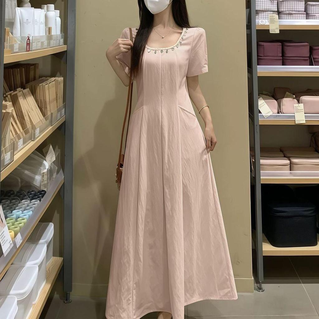 French Style 2026 Short Sleeve Cinched Waist Summer Maxi Dress - Slimming, Plus Size, Belly Covering