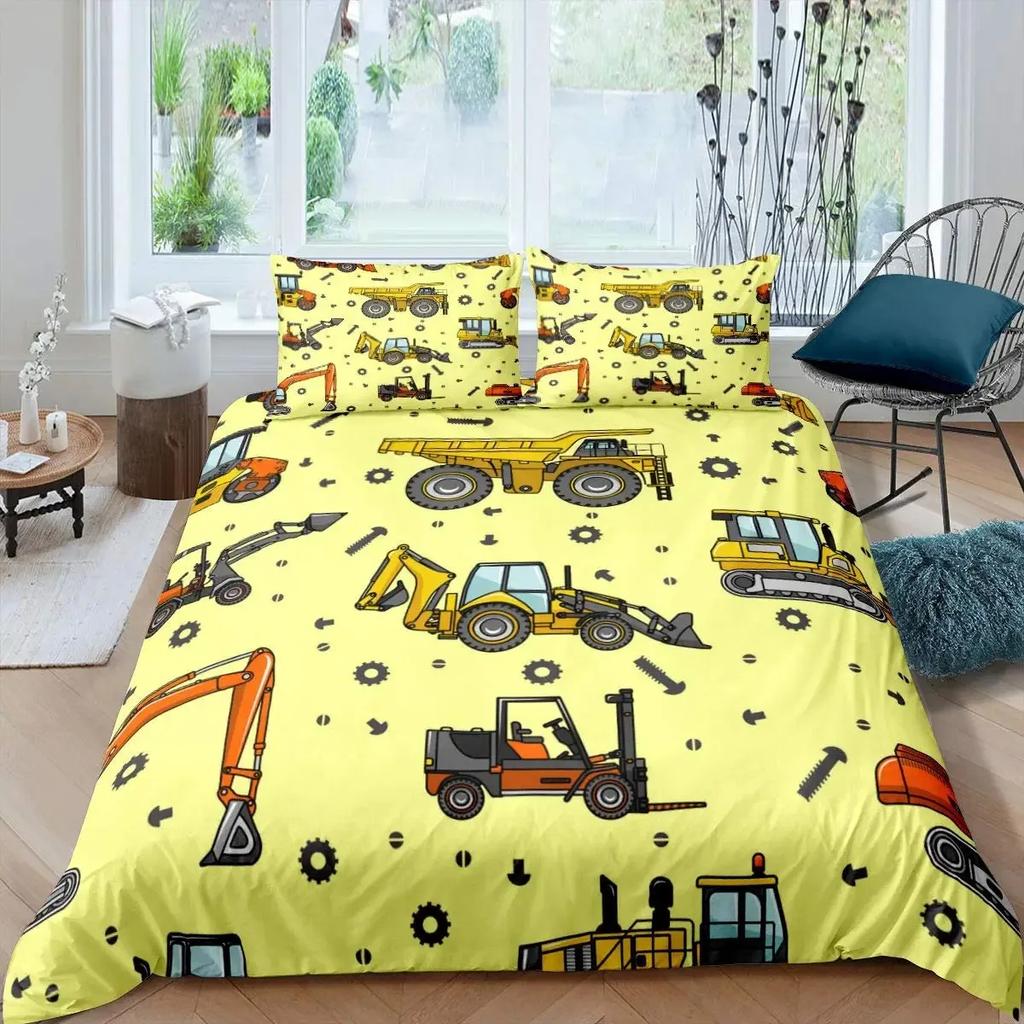 Excavator Duvet Cover Set Microfiber Tractor Truck Comforter Cover Twin Construction Vehicle Cartoon Bedding Set For Boys Teens