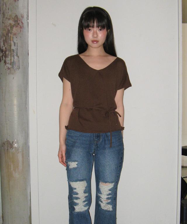 RONRON Drawstring Knot V Half Sleeve Knit Brown
