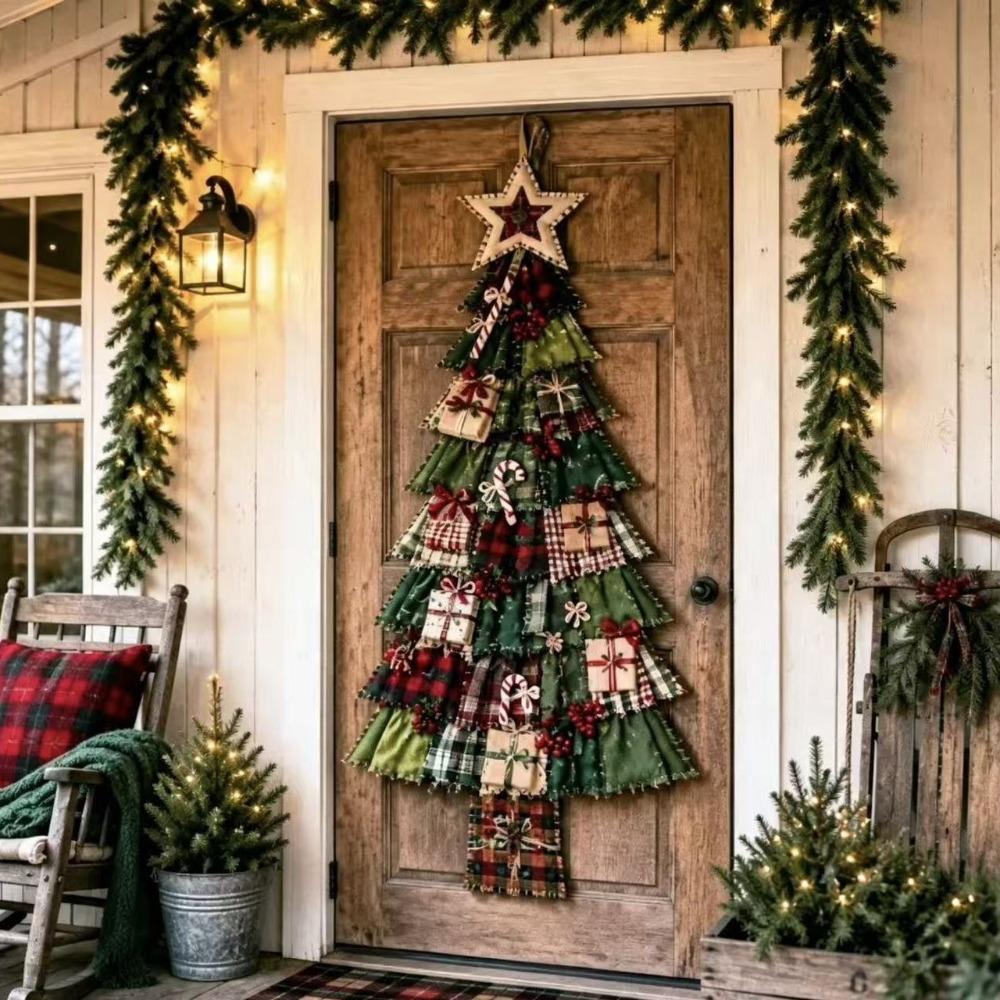 Vintage Patchwork Christmas Tree Door Hanging Handmade Hand-Sewn Oversized Fabric Christmas Tree Cozy Soft Plaid Print