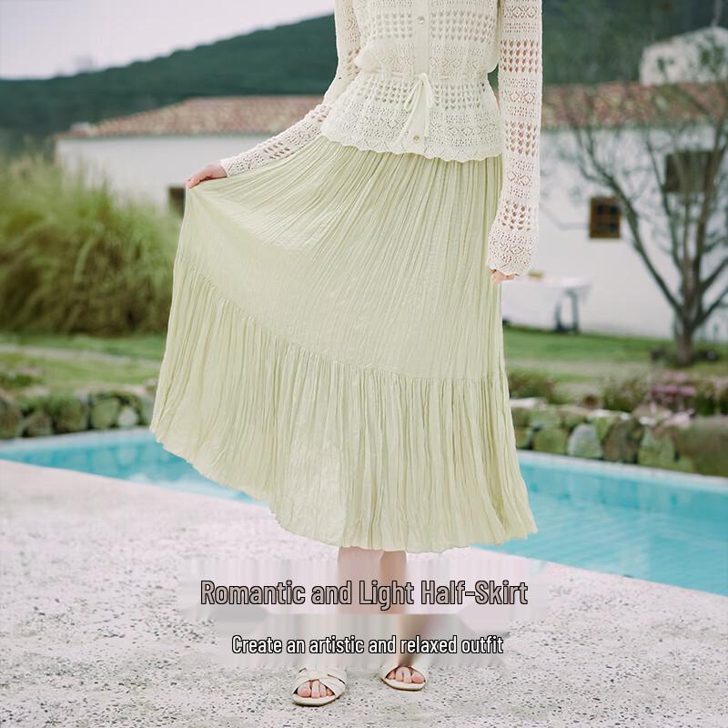 Xiangying Pleated A-Line High-Waist Midi Skirt