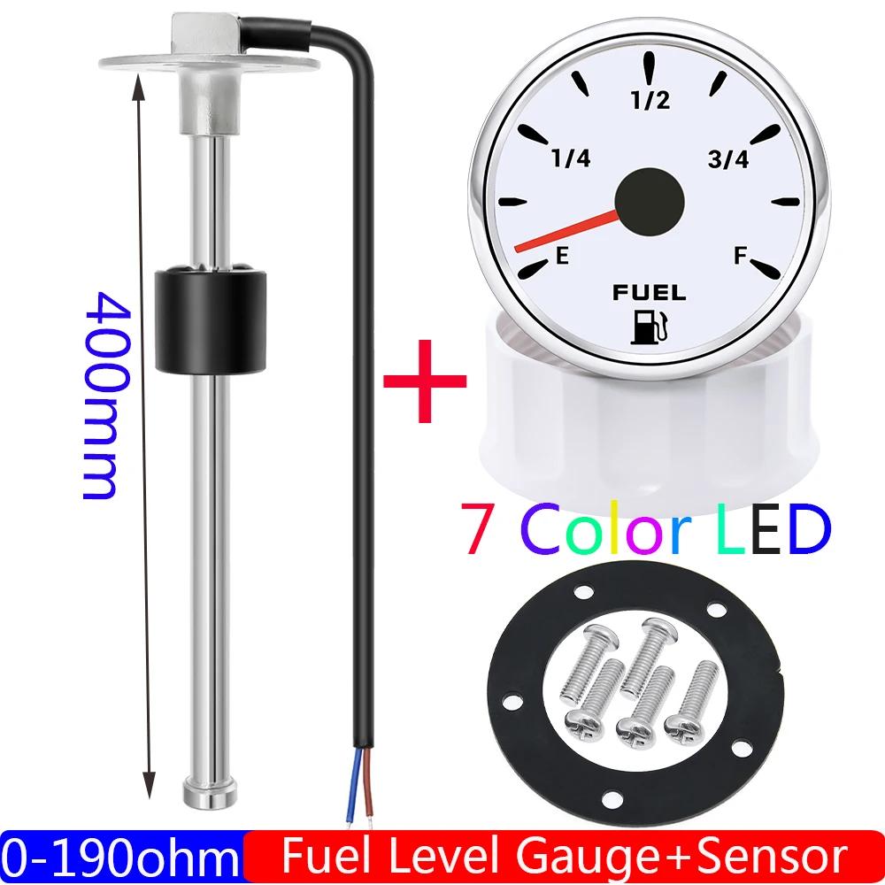 0-190 Ohm Fuel Float Sensor + Fuel Level Gauge 7 Color Light Auto Marine RV Boat Car 2" 52mm Fuel Tank Level Gauge 12V24V