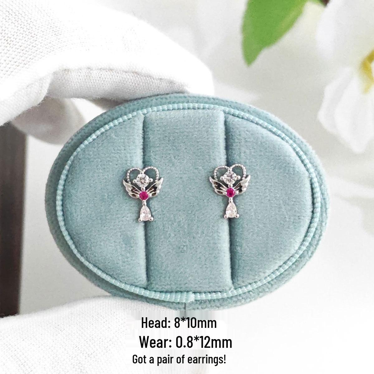 Copper Plated Gold Angel Heart Antler Studs with Zirconia and 925 Silver Needle Real Gold Plated, Long-lasting Color Retention