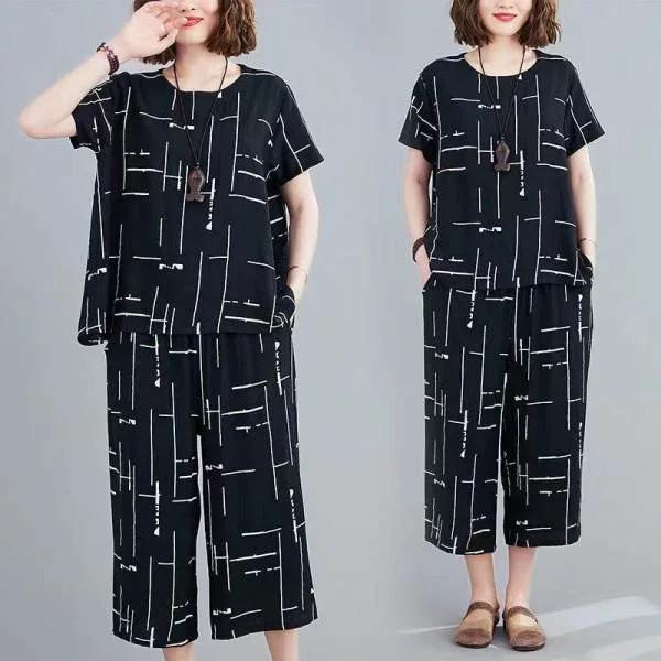 Fashionable Large-Size Loose-Fit Printed Suit Jacket And Shorts Two-Piece Set Casual Summer For Women Age-Reducing