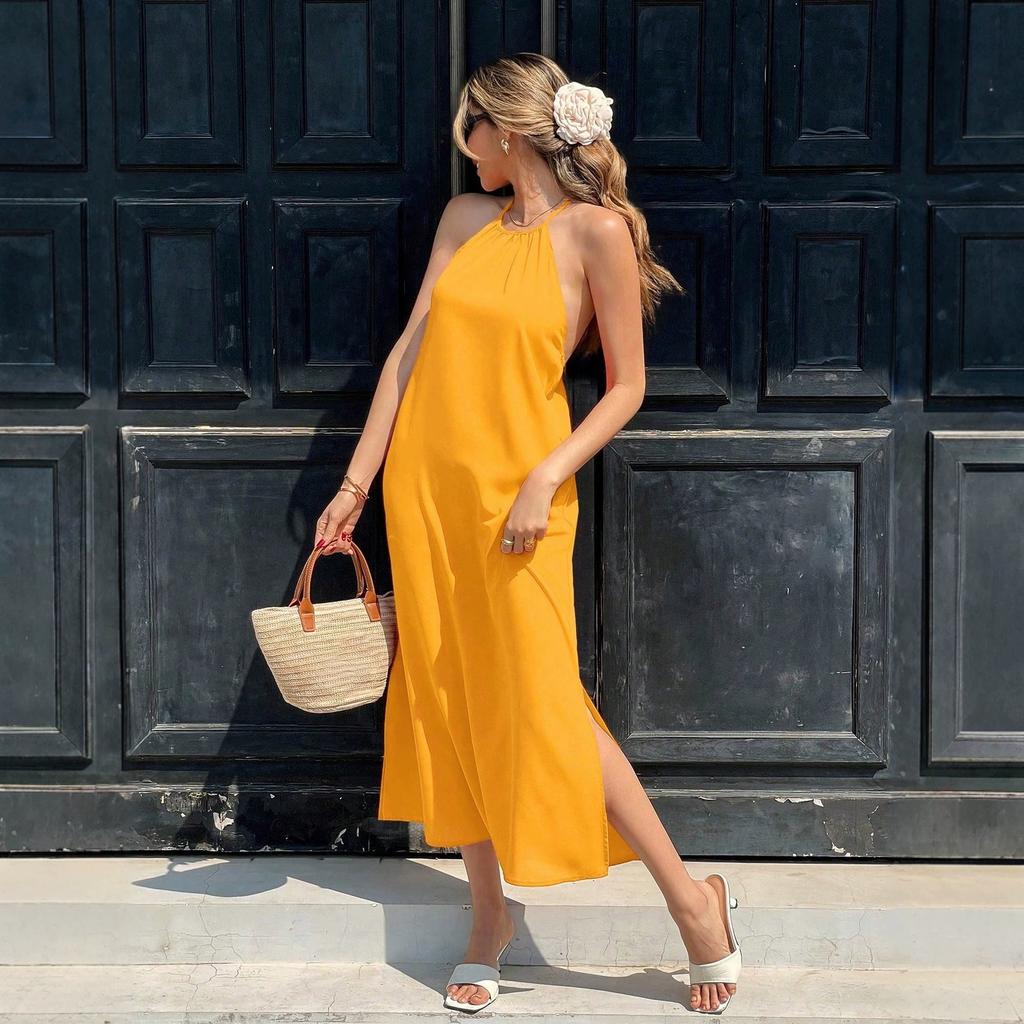 2026 new women's clothing halter neck halter lace-up dress summer seaside vacation style split-ended long dress