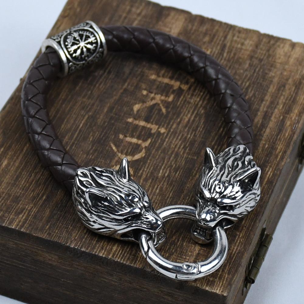 Wolf Head Bracelet Stainless Steel Viking Rune Bead Leather Bracelet Jewelry For Women Men Unisex Gift