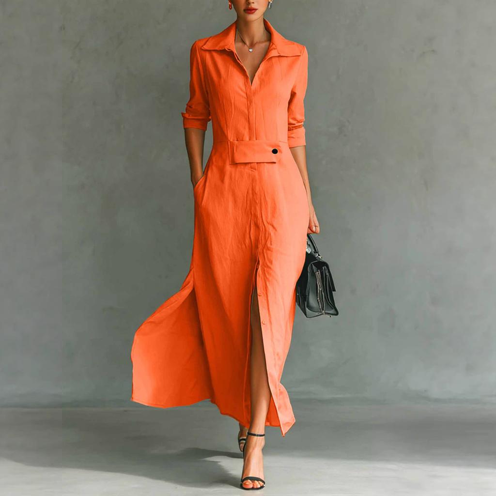 Women's Fashionable Color Lapel Long Sleeved Hem Slit Casual Shirt Dress