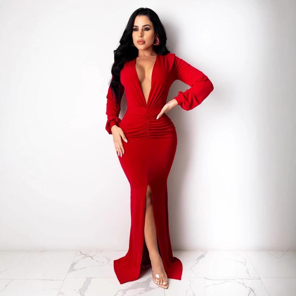 Solid Color V-Neck Slim Sexy Women's Evening Gown