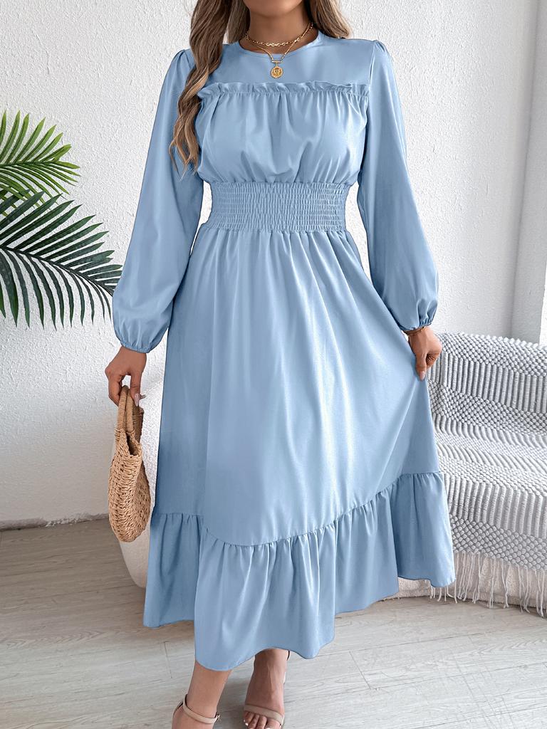 Women's Round Neck Ruffle Smocked Waist Maxi Dress Puff Long Sleeve A Line Tiered Casual Party Dress
