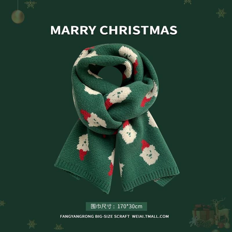 Red Christmas Tree Knitted Scarf Female Autumn and Winter Warm Green Wool Student Couple Christmas Gift Scarf Versatile