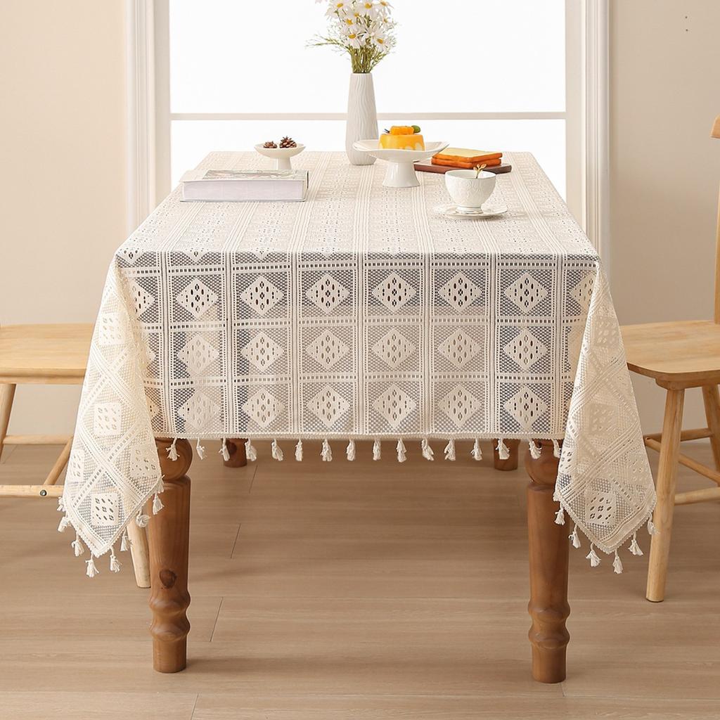 Handcrafted Bohemian Polyester Lace Tablecloth - Hollow Beige Embroidered Wave Triangle Design, Elegant Rectangle Table Cover for Wedding, Party, Home