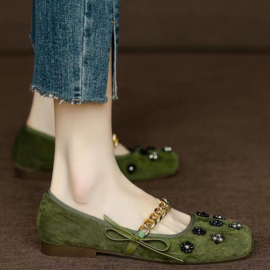 Fashion Rhinestone Women's Flat Mary Jane Shoes Square Toe Green Ladies Footwear Low Price 39 Summer 2025 High Quality Fashion Young Y2k