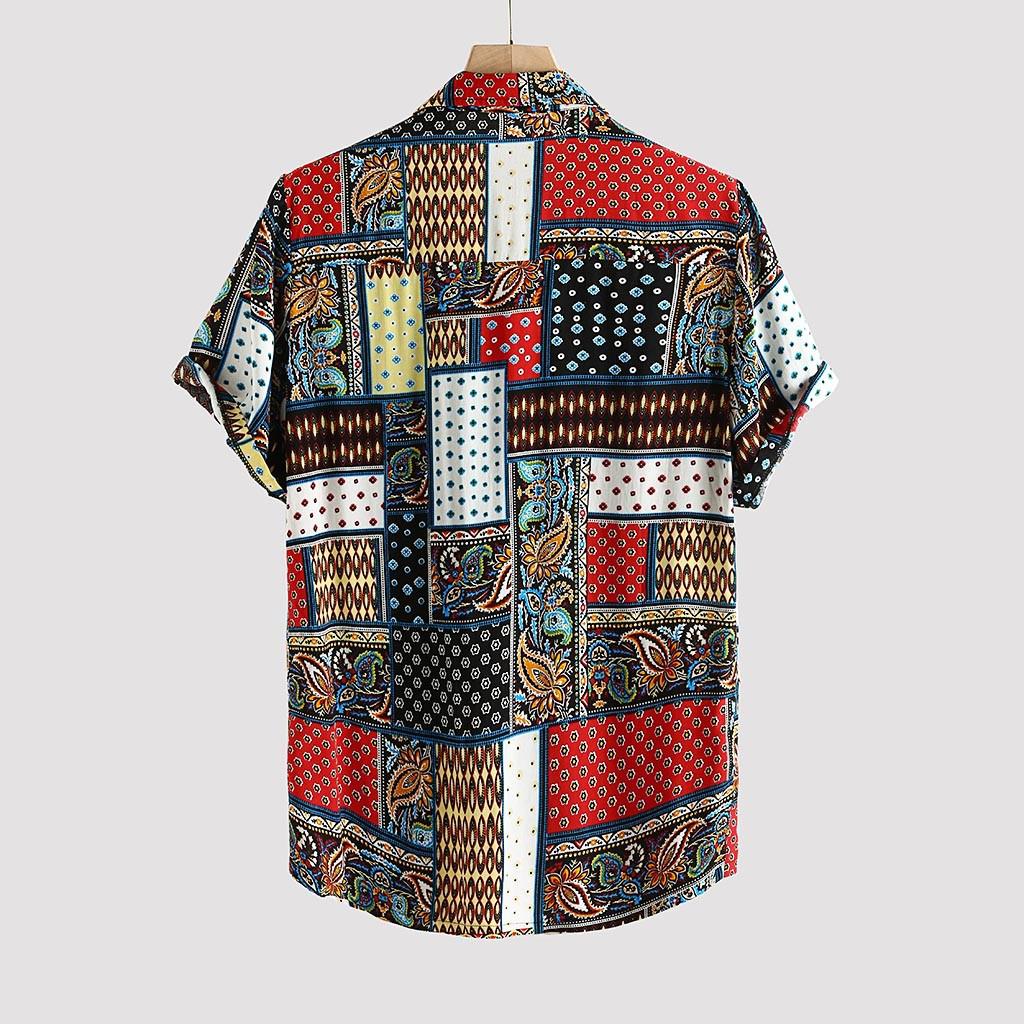 Men's Ethnic Style Linen Beach Shirt - Summer Casual Print, Short Sleeves