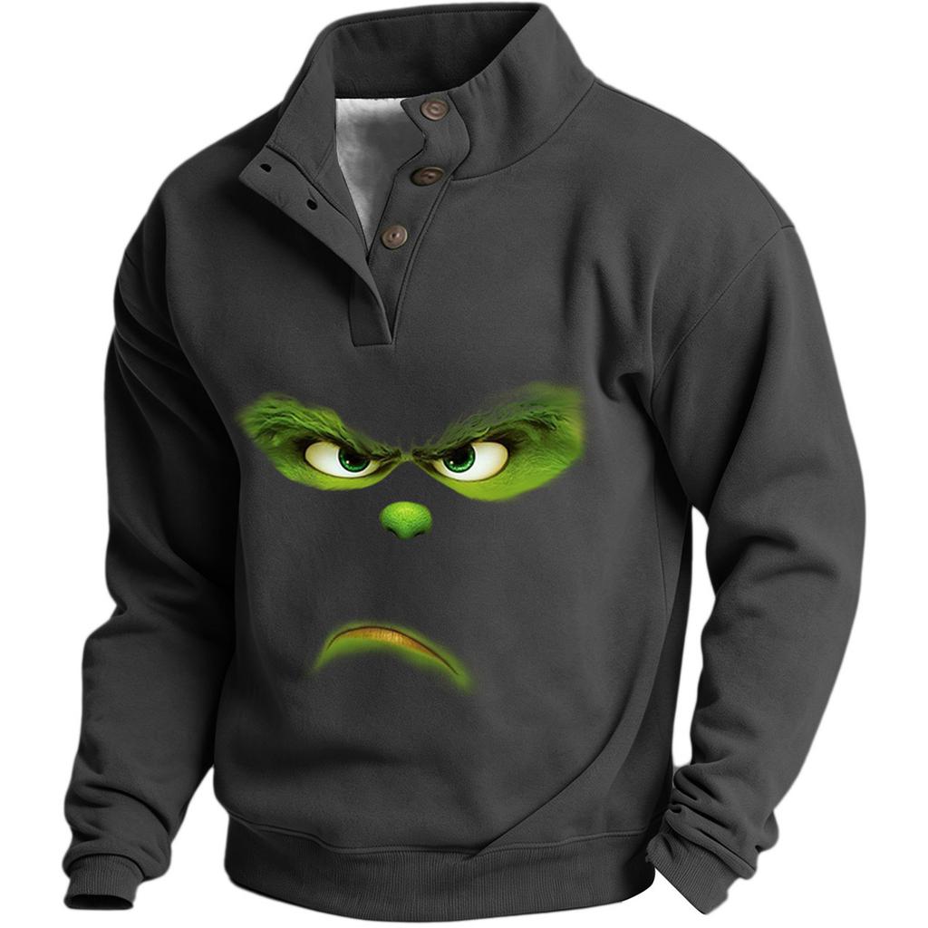 Men's Christmas Print Sweatshirt with Button Placket Casual Pullover