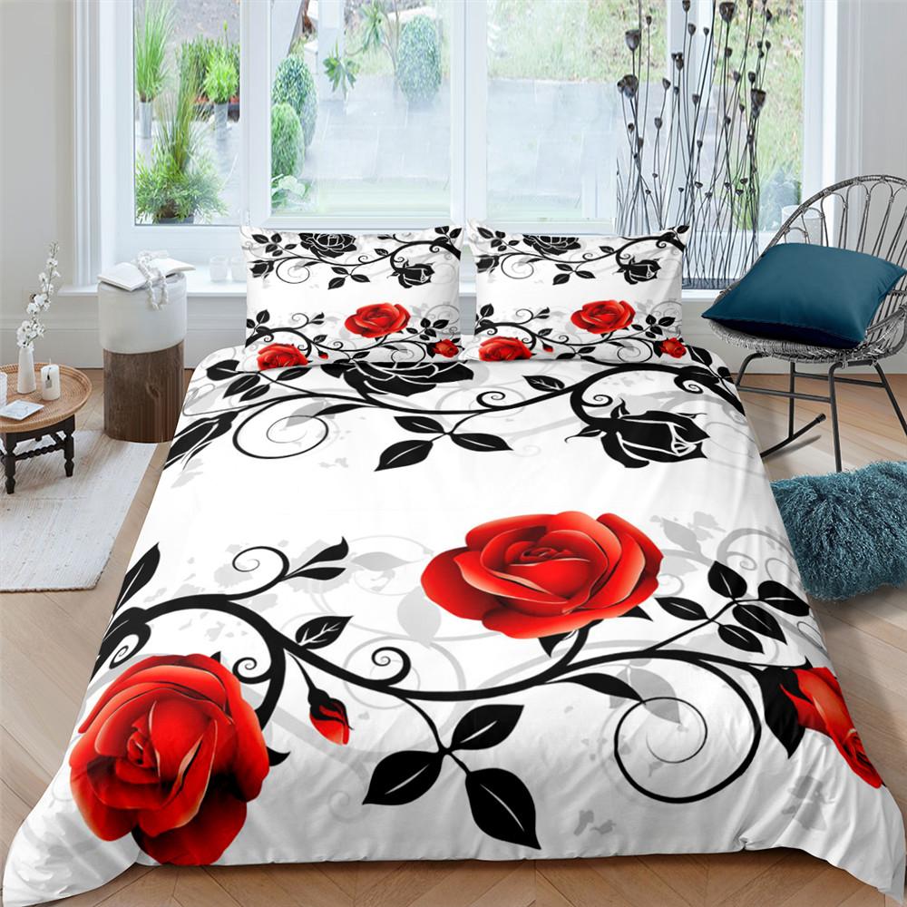 Red Rose Duvet Cover Set Red Flower Gray Background 3D Comforter Cover Valentine's Day Gift King Queen Size For Girls Women Kids