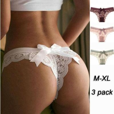 Confezione da 3 slip floreali Intimo Lingerie Mutandine con fiocco posteriore Perizoma sexy in pizzo da donna