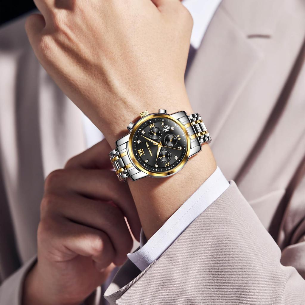 PINDOWS Diamond Business Dress Analog Quartz Luxury Waterproof Luminous Date Stainless Steel Classic Fashion Watch Men's Watch, Display, Two-Tone