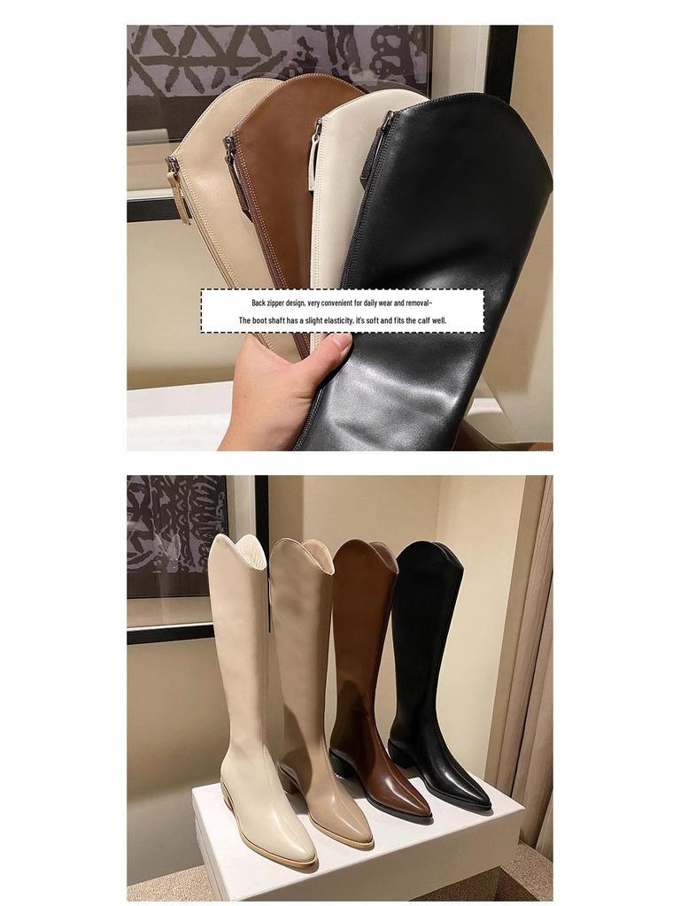 V-Mouth Pointed Toe Black Western Cowboy High Tube Knight Boots 2025