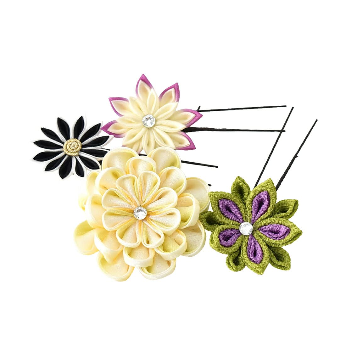 

Японское украшение для волос Церемония совершеннолетия Фурисодэ Чистый шелк Цумами Канзаши Набор из 4 штук U-образные шпильки Дополнение Женский Желтый x Зеленый [Нагомия]