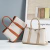 Nischen-Damen-Lederhandtasche, Rindsleder erste Schicht, große Kapazität, Canvas, kontrastierende Farbe, Gartentasche