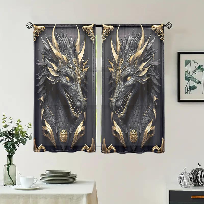 2 Pieces, Black Gold 3D Majestic Dragon Totem Curtains - Semi Blackout - Suitable for Living Room, Bedroom, Kitchen, Home Decora