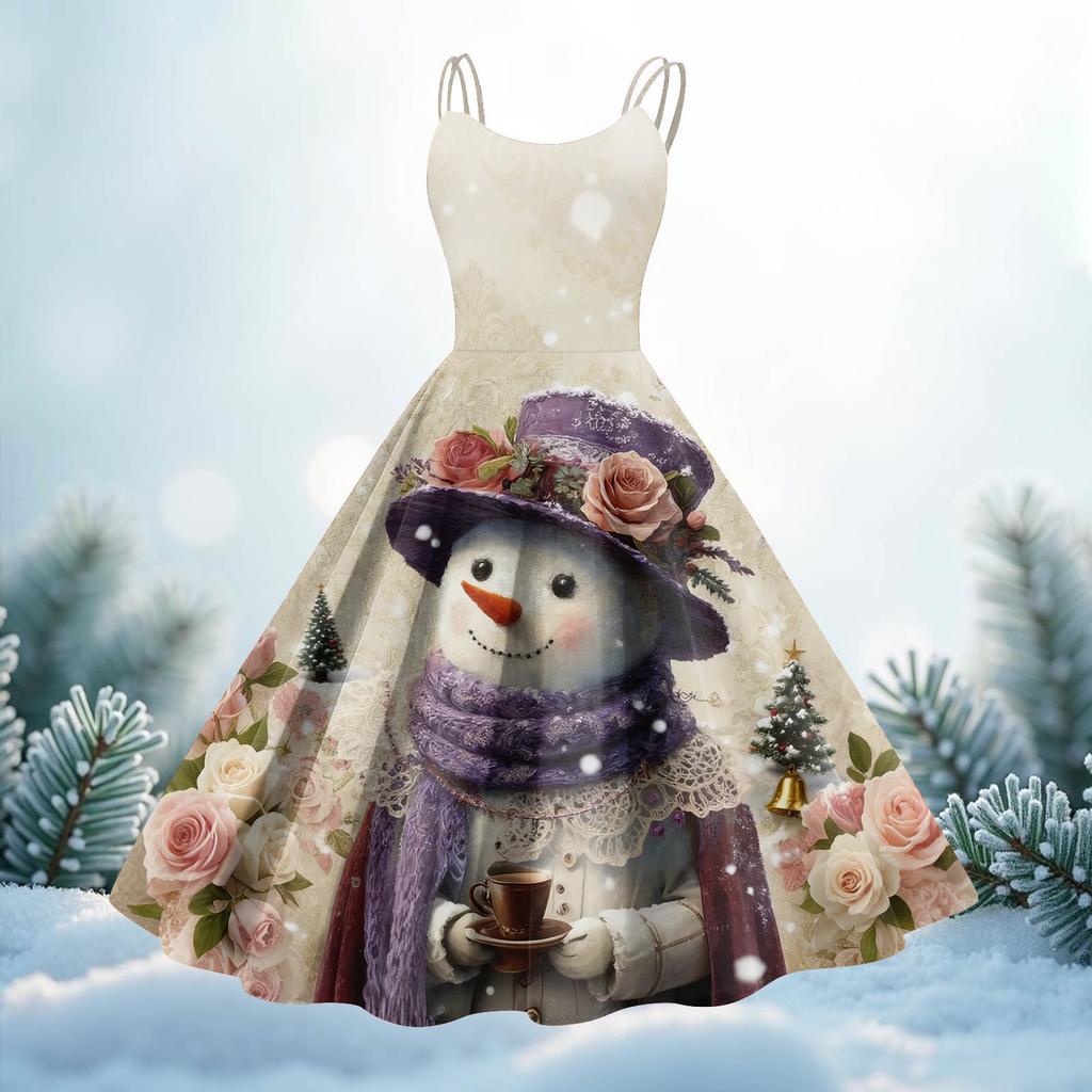 Women's Christmas Print Casual Fashion Round Neck Mid-Length Dress