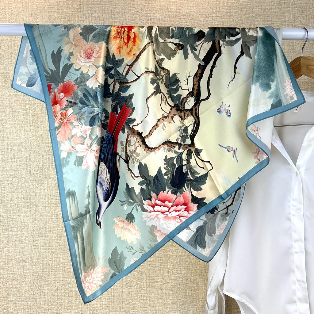 New Chinese Style National Wind Finch On The Branches 100% Mulberry Silk Silk Scarf Silk Cheongsam Shawl Scarf High-End Souvenir