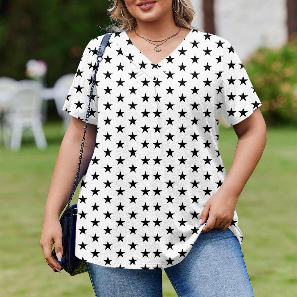 Women's Plus Size Fashionable Casual Loose-Fit Short Sleeve Elegant V Neck Blouse For Work