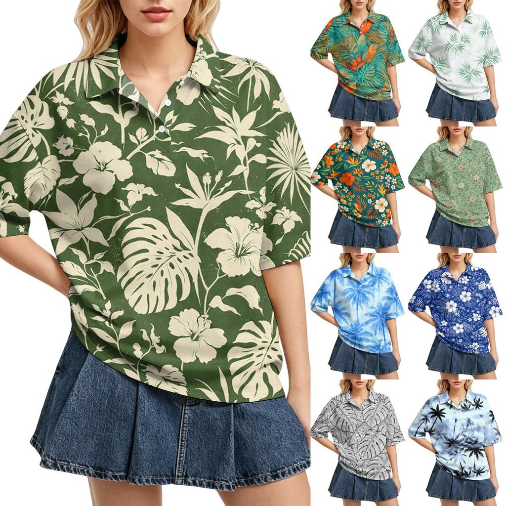 Women’s Fashion Casual Polo Collar Loose Fit Top Short Sleeve Floral Print Blouse Relaxed Lapel Shirt for Daily Wear