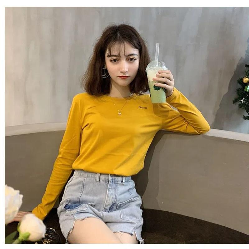 Korean Women's 2024 Autumn New Pullovers O-Neck Letter Fashion Solid Color Minimalist Comfortable Casual Long Sleeved Tops