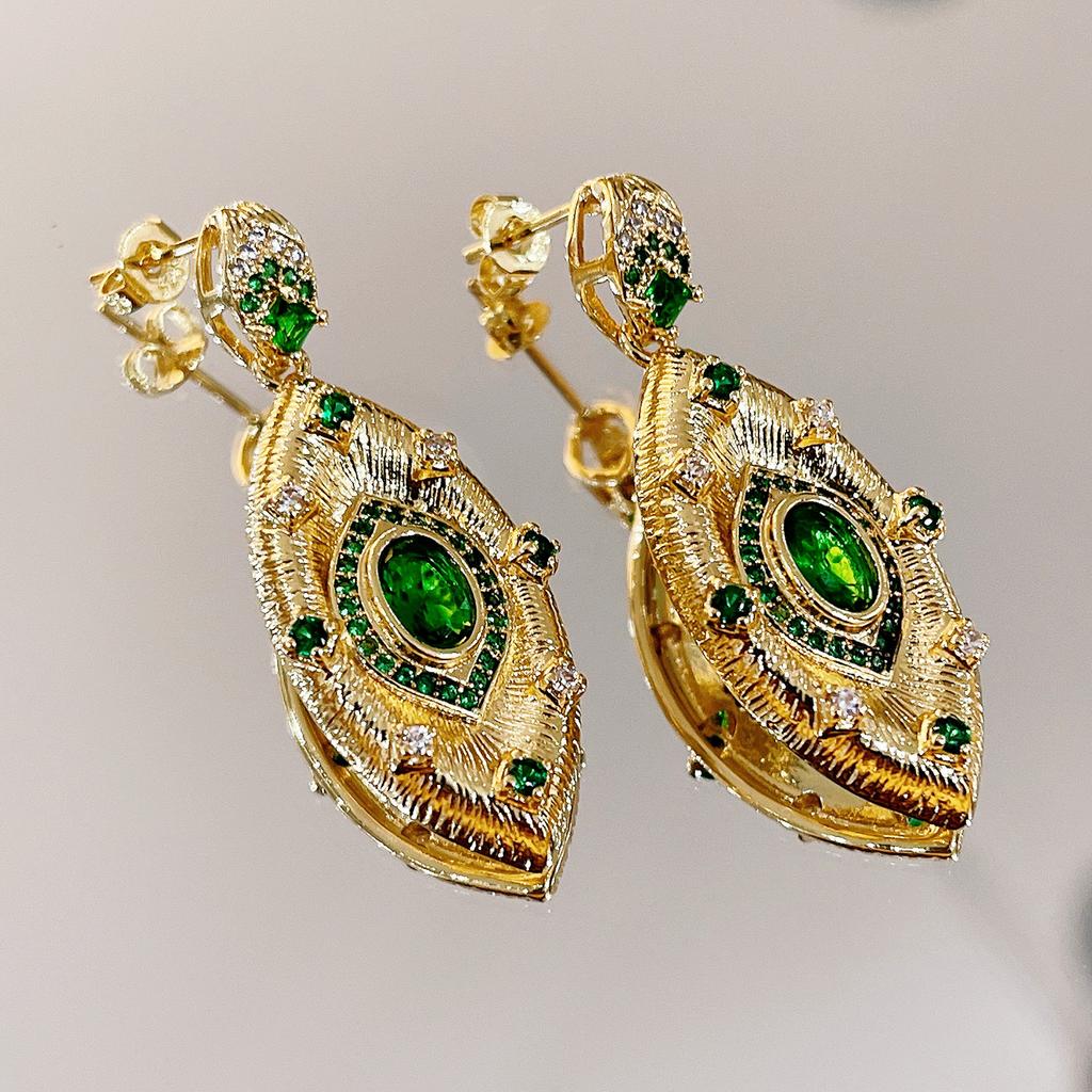 Collar Ojo del Diablo Artesanal Cepillado Italiano Set de Joyería Francesa Pendientes de Esmeralda Simulada Anillo Abierto