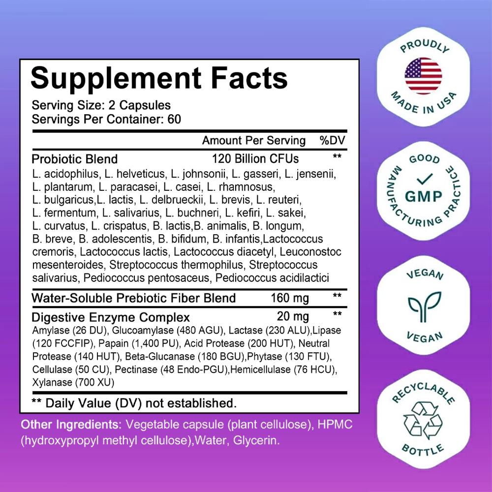 Bcuelov yeast free probiotic capsule active bacteria 36 strains prebiotics digestive enzymes enhance immunity and digestion absorption