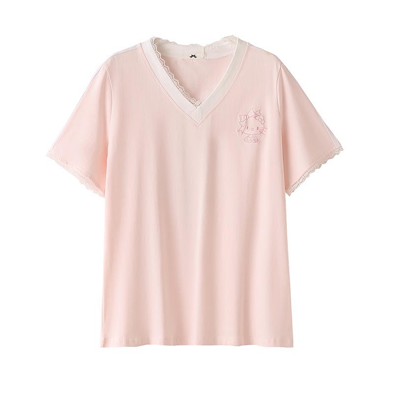 

Женская летняя футболка большого размера в корейском стиле с кружевной отделкой, V-образным вырезом и короткими рукавами, с вышивкой в виде кошки 6XL розовый
