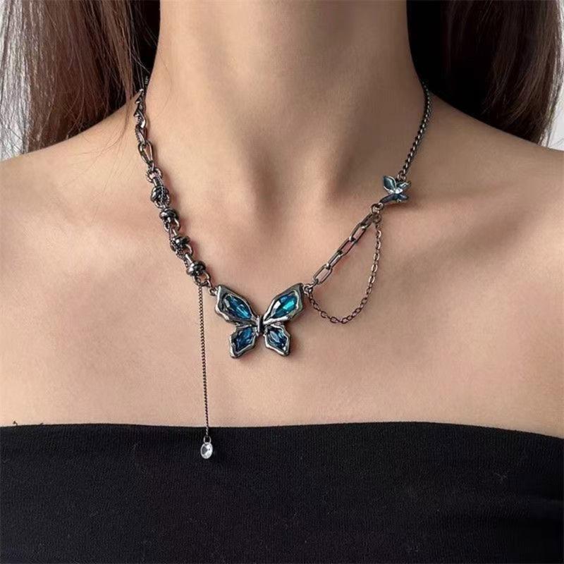 Edgy Blue Butterfly Layering Chain Necklace Artisanal Crafted Punk Accessory Daily Wear Special Occasions