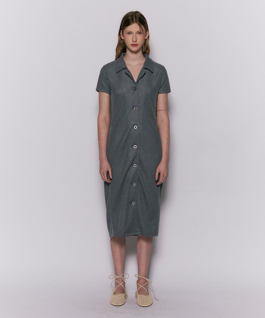 Weseullihyuseuteon Open Collar Cable Knit Long Dress Dark Blue