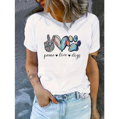 European Size Fashionable Letter Cartoon Print Women's Round Neck T-shirt, Simple Design, Comfortable and Breathable