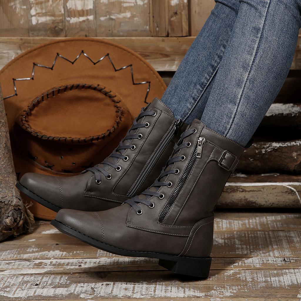Velvet Boots with Round Toe, Low Heel, Side Zipper, Square Heel, Large Size, Midsole, Retro Knight Leather Boots for Women