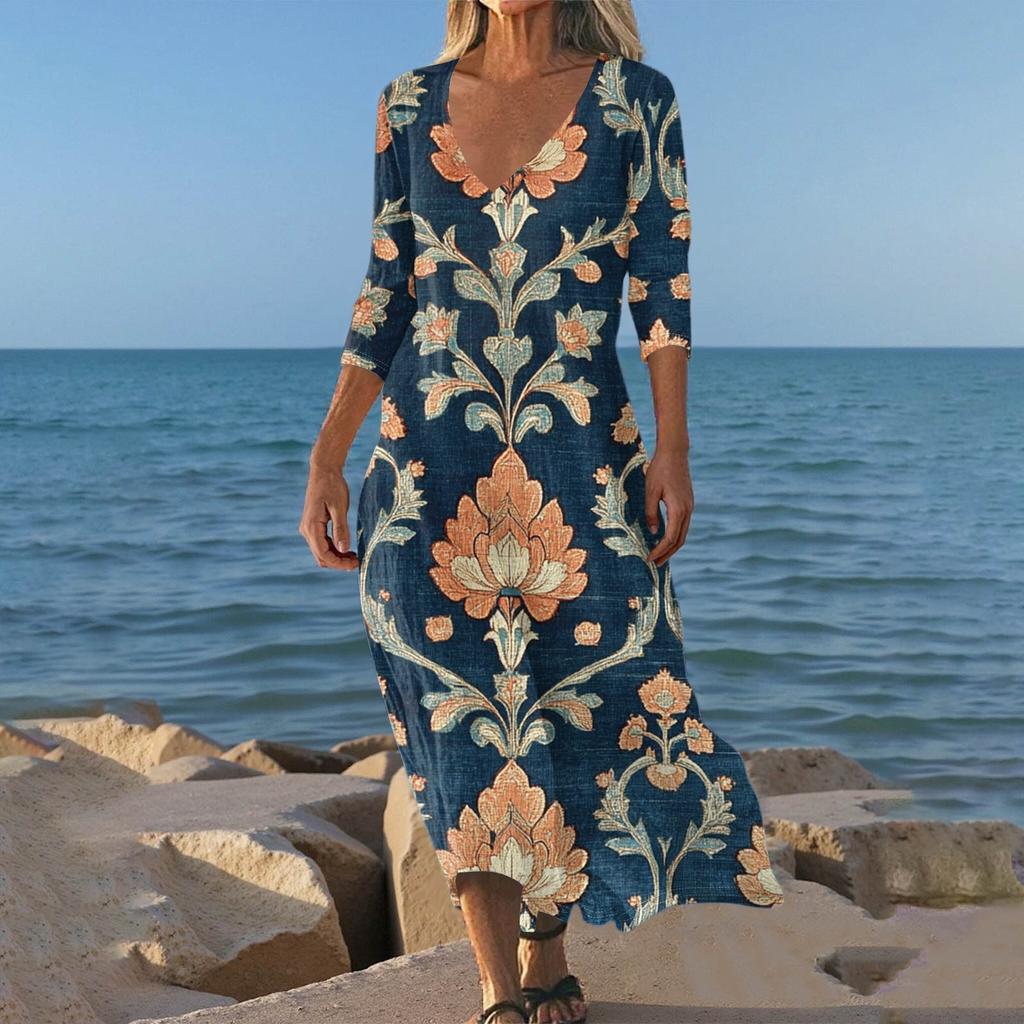 Dresses For Womens Vintage Print Tunic Waisted Midi Dress Summer Casual 3/4 Sleeve Dress