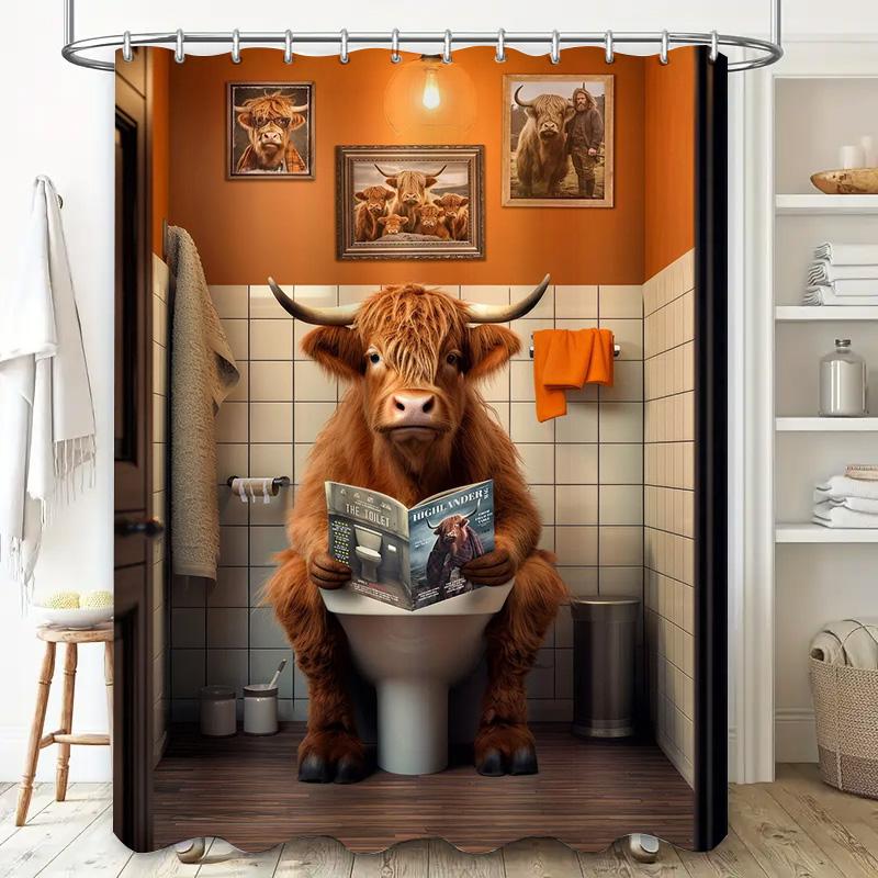 Whimsical Bathroom Shower Curtain Featuring A Humorous Highland Cow Reading Magazine In Quirky Bathroom Setting Orange Decor The