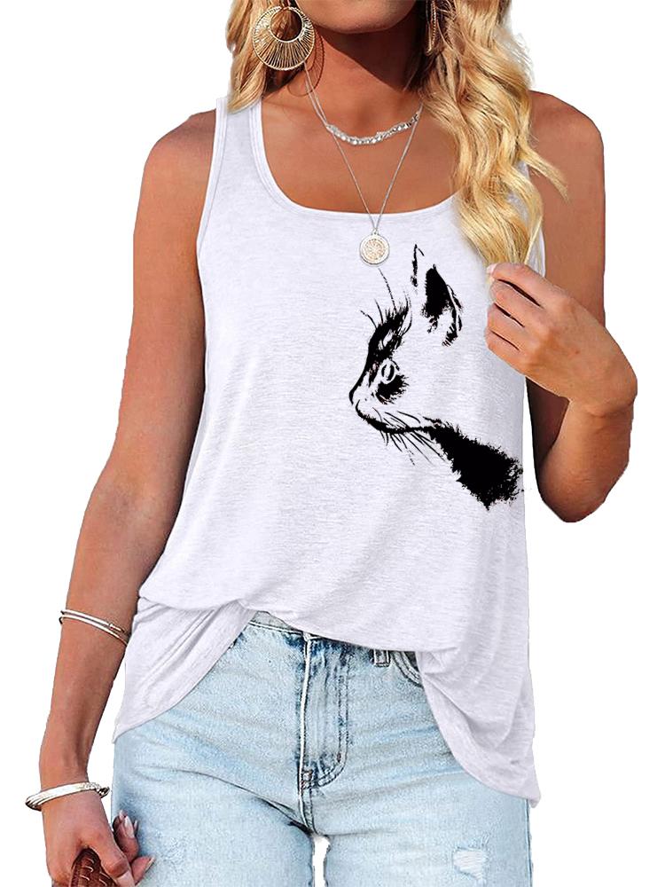Women Fashion O Neck Print Tank Top Summer Casual Sleeveless T-shirt