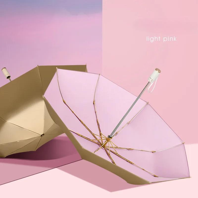 Men Women Tri fold Umbrella Small Fresh Simple Gold Plastic Windproof Automatic Rain Gear Household Home