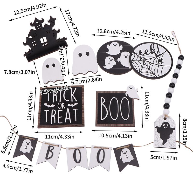 Halloween Tiered Tray Decor Set Cute Wooden Black White Tray Wooden Sign Ghost Wooden Halloween Theme Party For Home Decoration