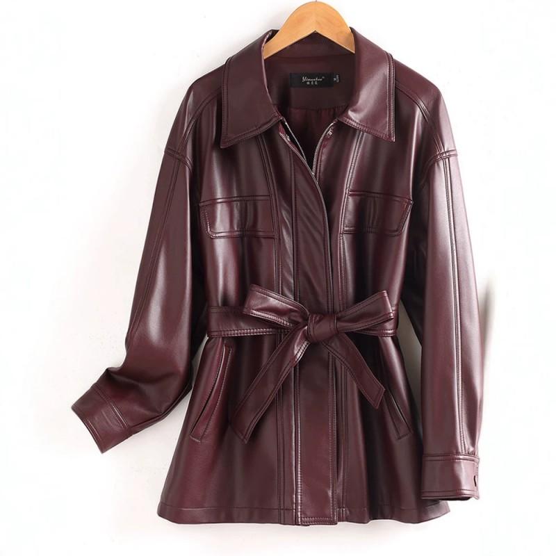 Womens 2026 Sheep Leather Trench Coat Lapel Belted Plus Size Jacket