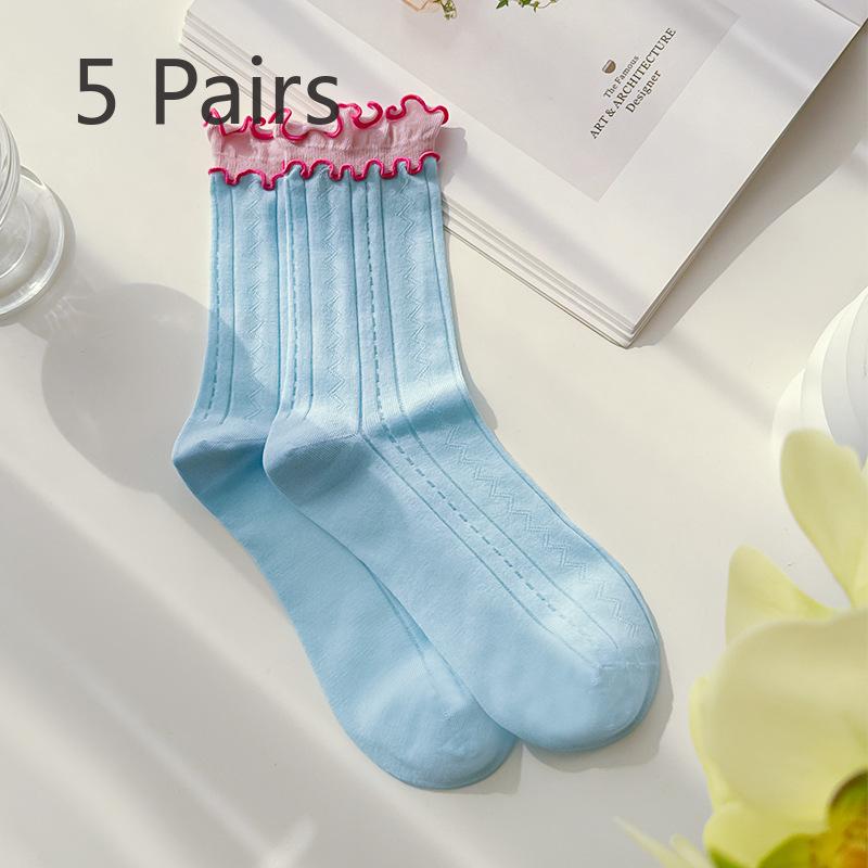 5 Pairs of New Female Spring and Summer Matching Color Lace Mesh Breathable Tube Socks