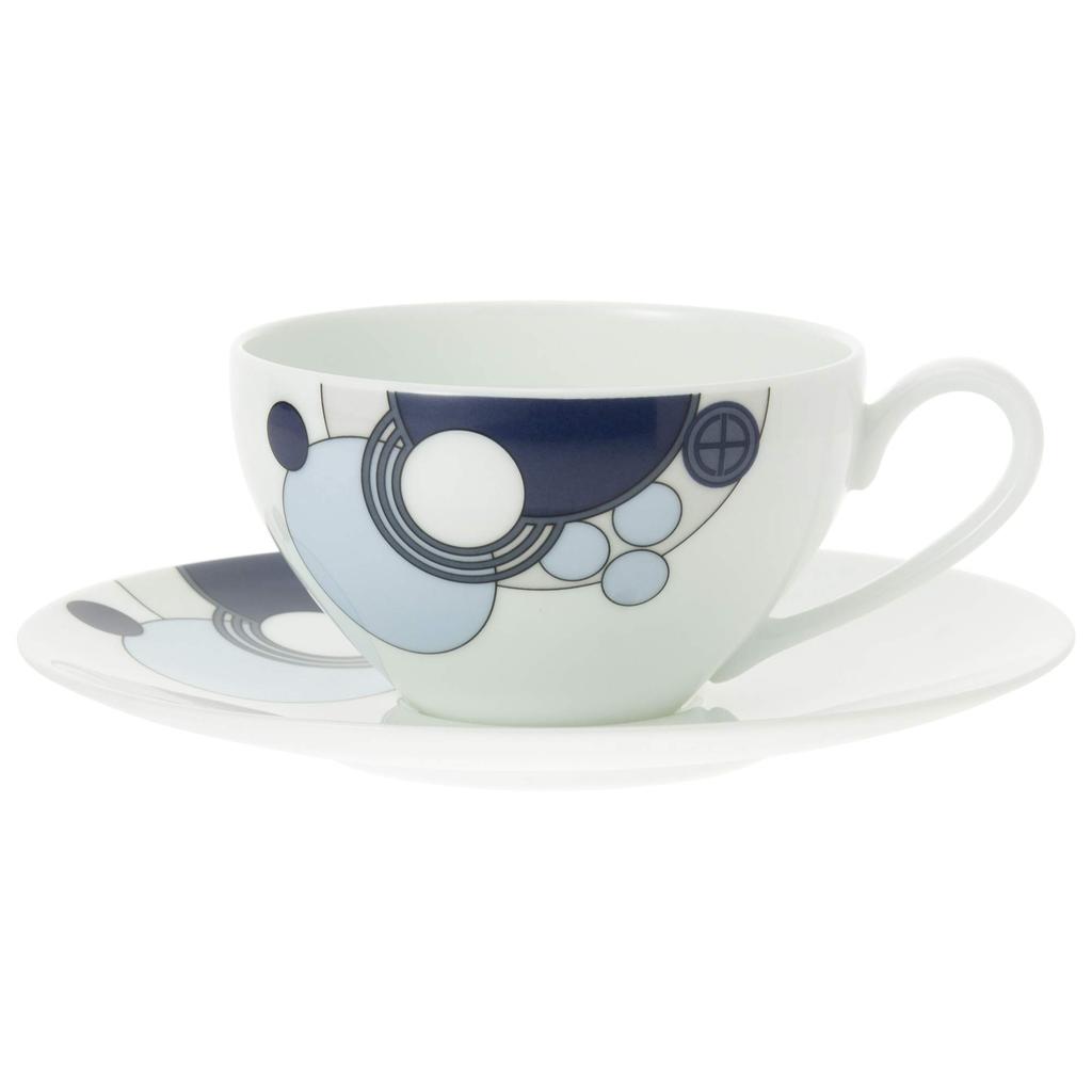 Noritake Tasse und Untertasse 220 ml Frank Lloyd Wright Imperial Blue Mikrowellengeeignet Feines Porzellan & (Kaffee Tee) (Premium Weiß) WT94989/1701