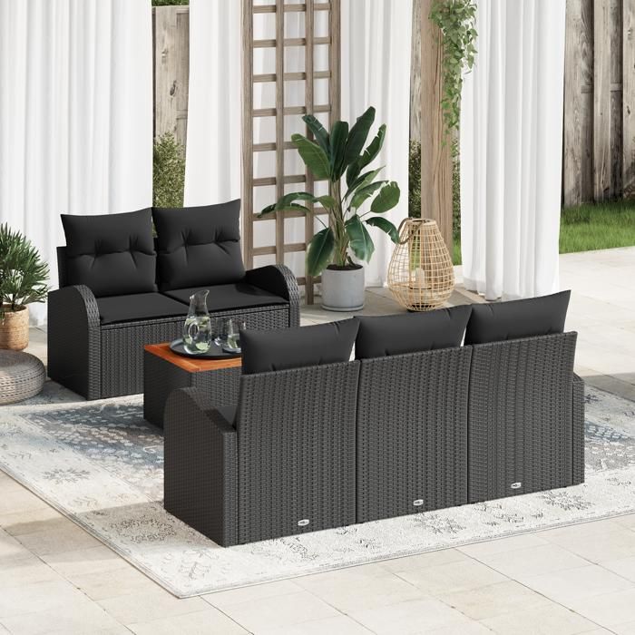 VidaXL Ensemble de canapé de jardin 6 pièces avec coussins noir poly rattan acacia 3347520
