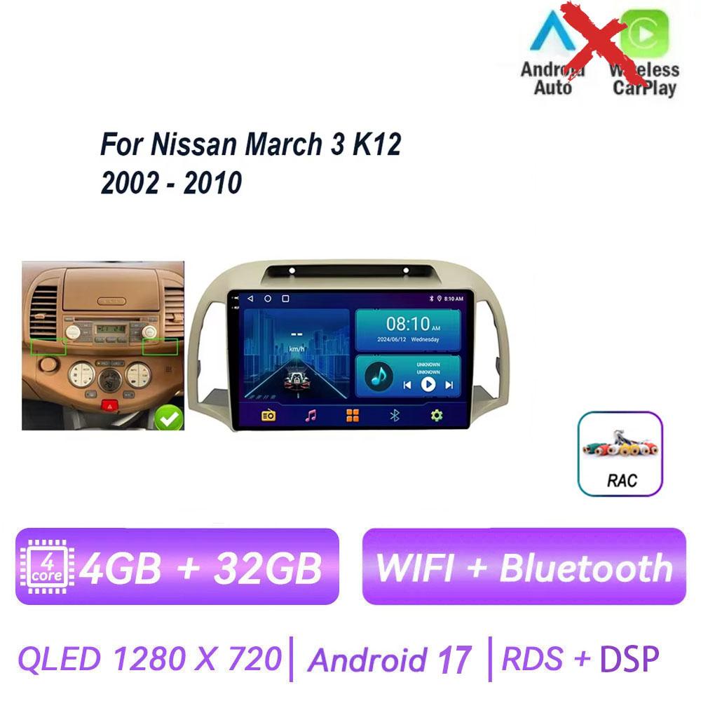 Pour Nissan March 3 K12 2002 - 2010 Autoradio Android 17 Carplay Auto Lecteur Multimédia Écran Navigation 4G GPS 2 Din