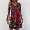 Women's Long-sleeved Casual Midi Dresses V-Neck Print  Casual Dress