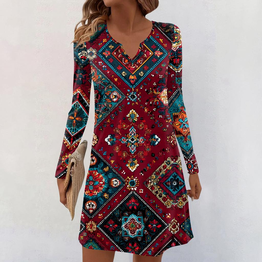 Women's Long-sleeved Casual Midi Dresses V-Neck Print  Casual Dress